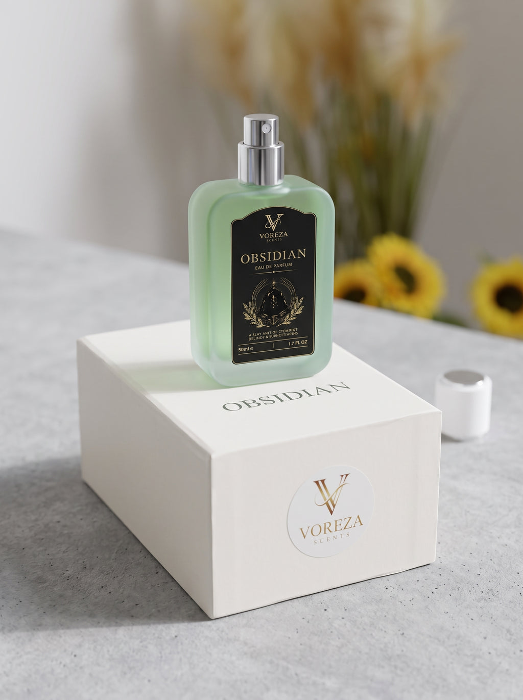 A Voreza London Obsidian Perfume bottle with a silver spray cap and black label, displayed on top of its white branded box. The bottle is a pale mint green, set on a gray stone surface with a blurred background of dried grass and yellow flowers.