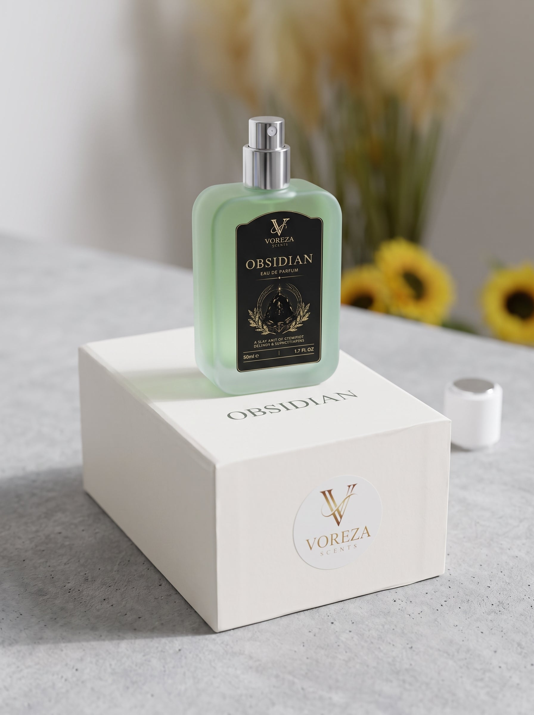 A Voreza London Obsidian Perfume bottle with a silver spray cap and black label, displayed on top of its white branded box. The bottle is a pale mint green, set on a gray stone surface with a blurred background of dried grass and yellow flowers.